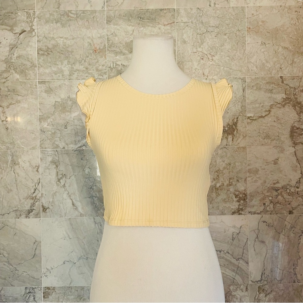 ZARA Ribbed Ruffle Cap Sleeve Top - Picture 2 of 7